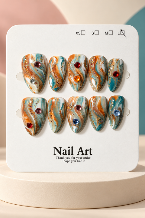 Teal Caramel Marble Jewel Press-On / Glue-On Nails – Almond Size L
