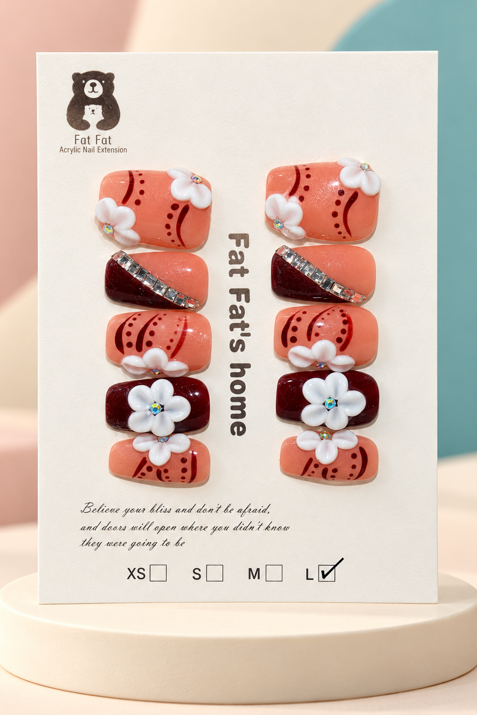 Fat Fat's Home Coral Burgundy Floral Press-On / Glue-On Nails – Soft Square Size L; original manufacturer card displayed without outer wrapper on a cream studio plinth