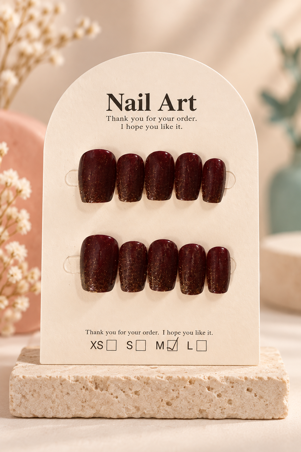 Deep Burgundy Gold Shimmer Press-On / Glue-On Nails – Size M