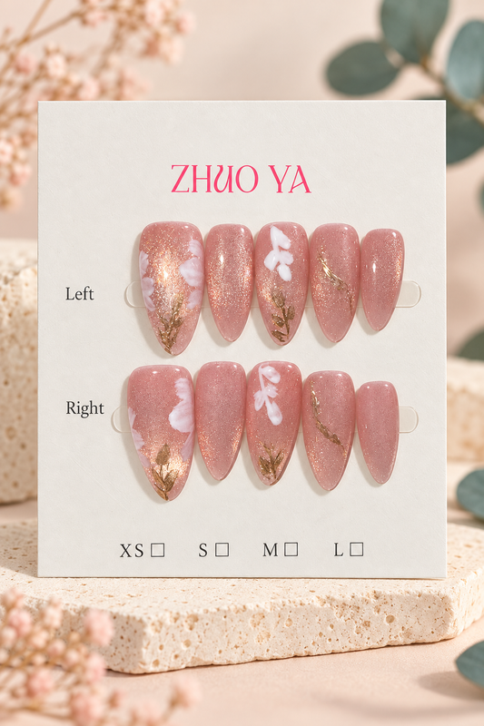 ZHUO YA Blush Floral Gold Shimmer Press-On / Glue-On Nails – Size M