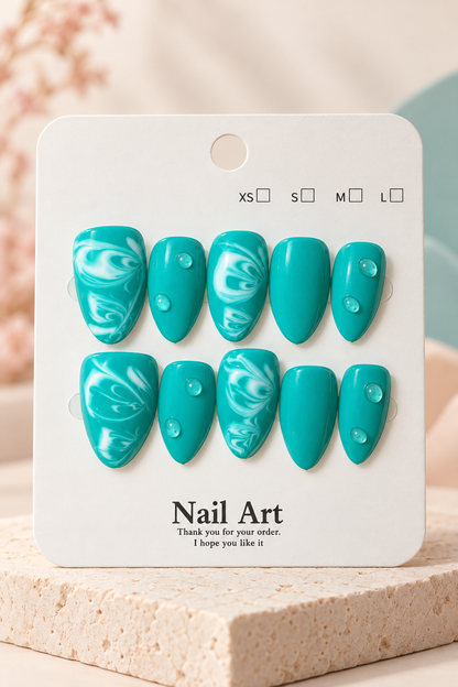 Turquoise White Marble Drop Accent Press-On / Glue-On Nails – Size L