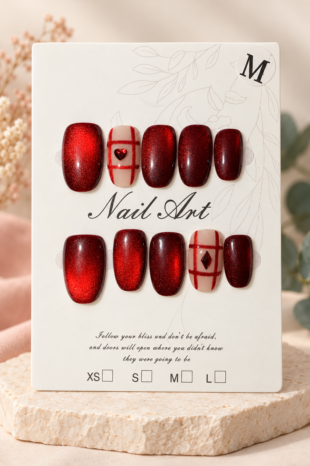 Ruby Red Heart Plaid Cat-Eye Press-On / Glue-On Nails – Size M