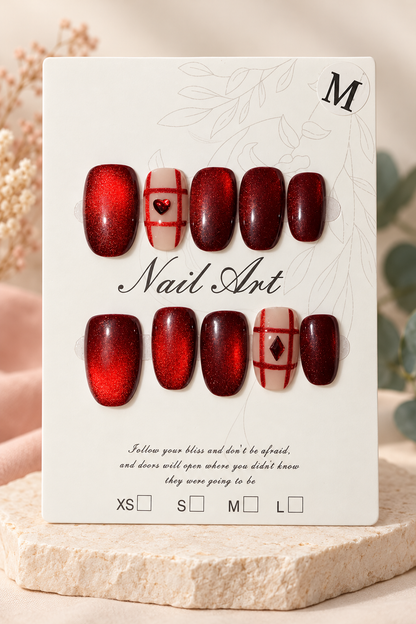 Ruby Red Heart Plaid Cat-Eye Press-On / Glue-On Nails – Size M