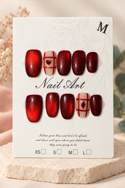 Ruby Red Heart Plaid Cat-Eye Press-On / Glue-On Nails – Size M