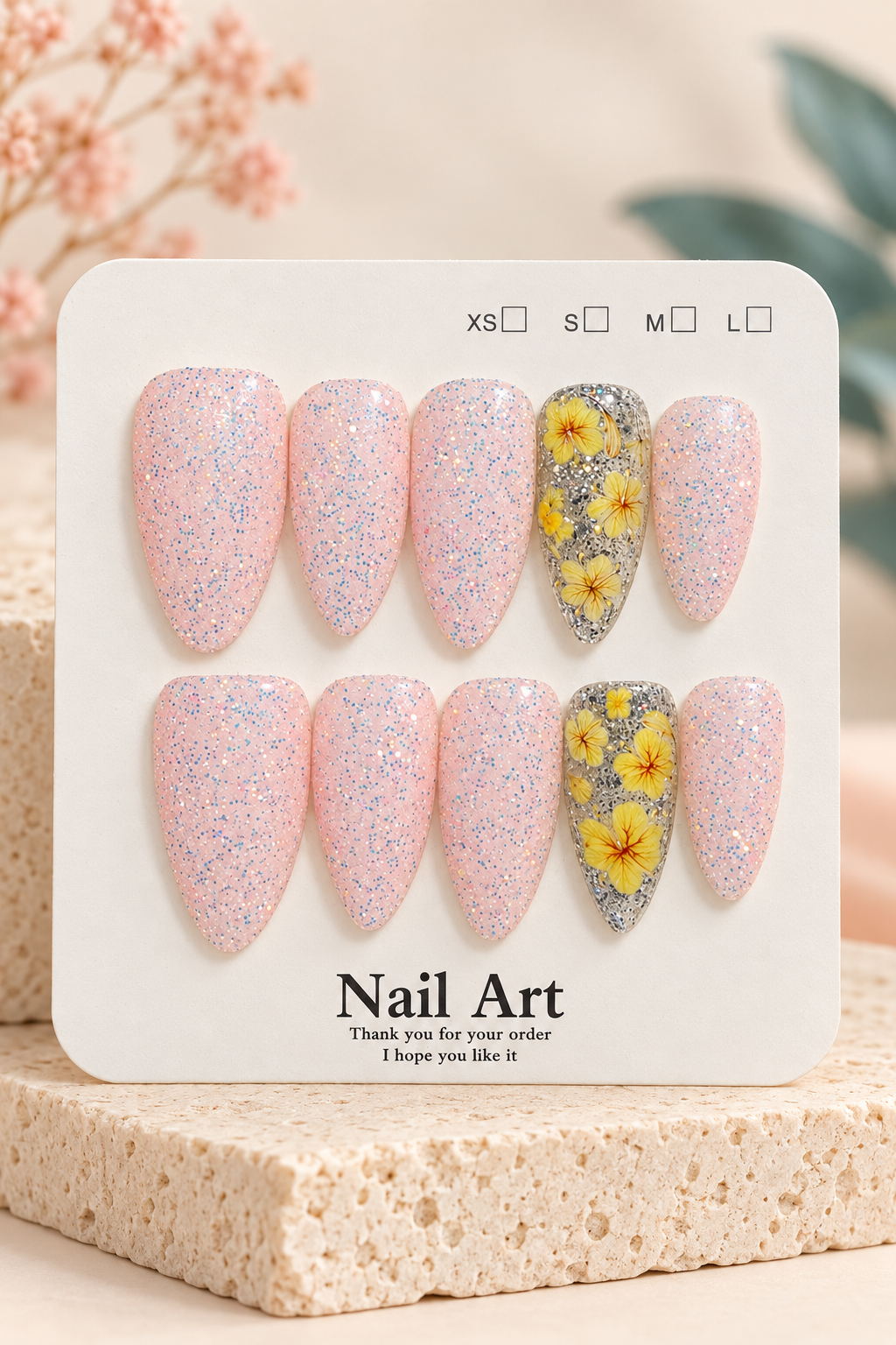 Pink Glitter Yellow Floral Press-On / Glue-On Nails – Size M