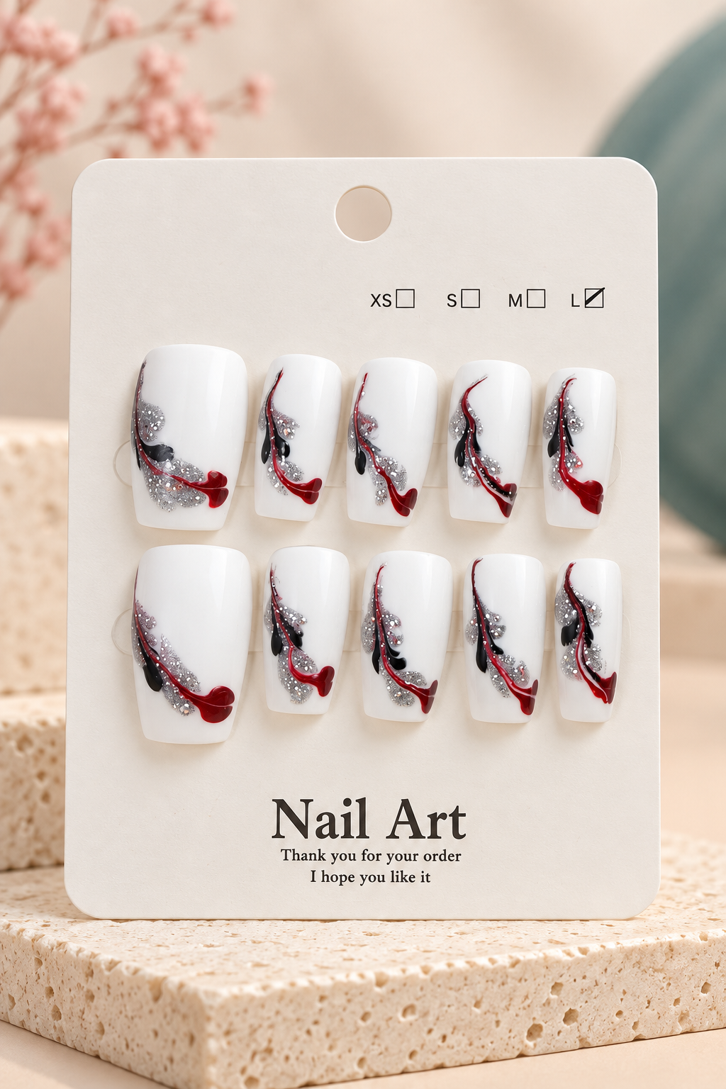 White Red Black Silver Swirl Press-On / Glue-On Nails – Size L