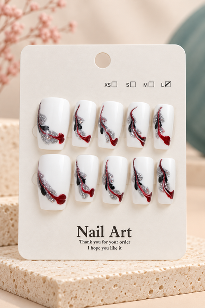 White Red Black Silver Swirl Press-On / Glue-On Nails – Size L