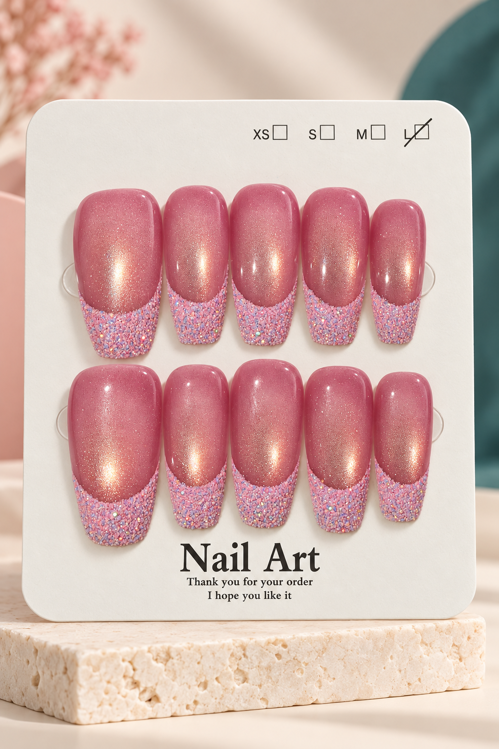 Rose Pink Glitter French Press-On / Glue-On Nails – Size L