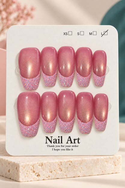 Rose Pink Glitter French Press-On / Glue-On Nails – Size L