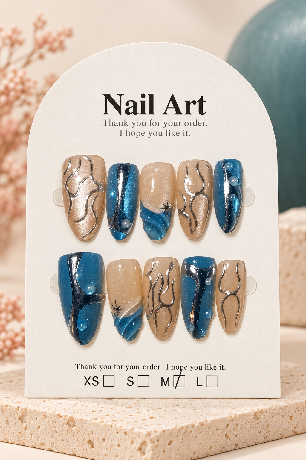 Blue Nude Silver Swirl Jewel Press-On / Glue-On Nails – Size M