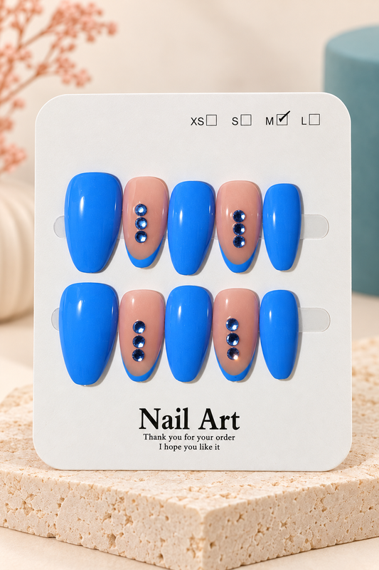 Cobalt Blue Nude Rhinestone Press-On / Glue-On Nails – Size M