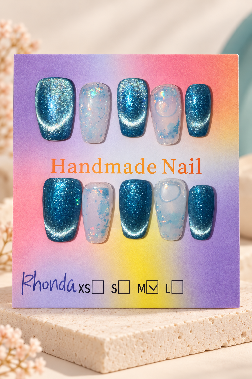 Teal Cat-Eye Opal Drop Press-On / Glue-On Nails – Size M