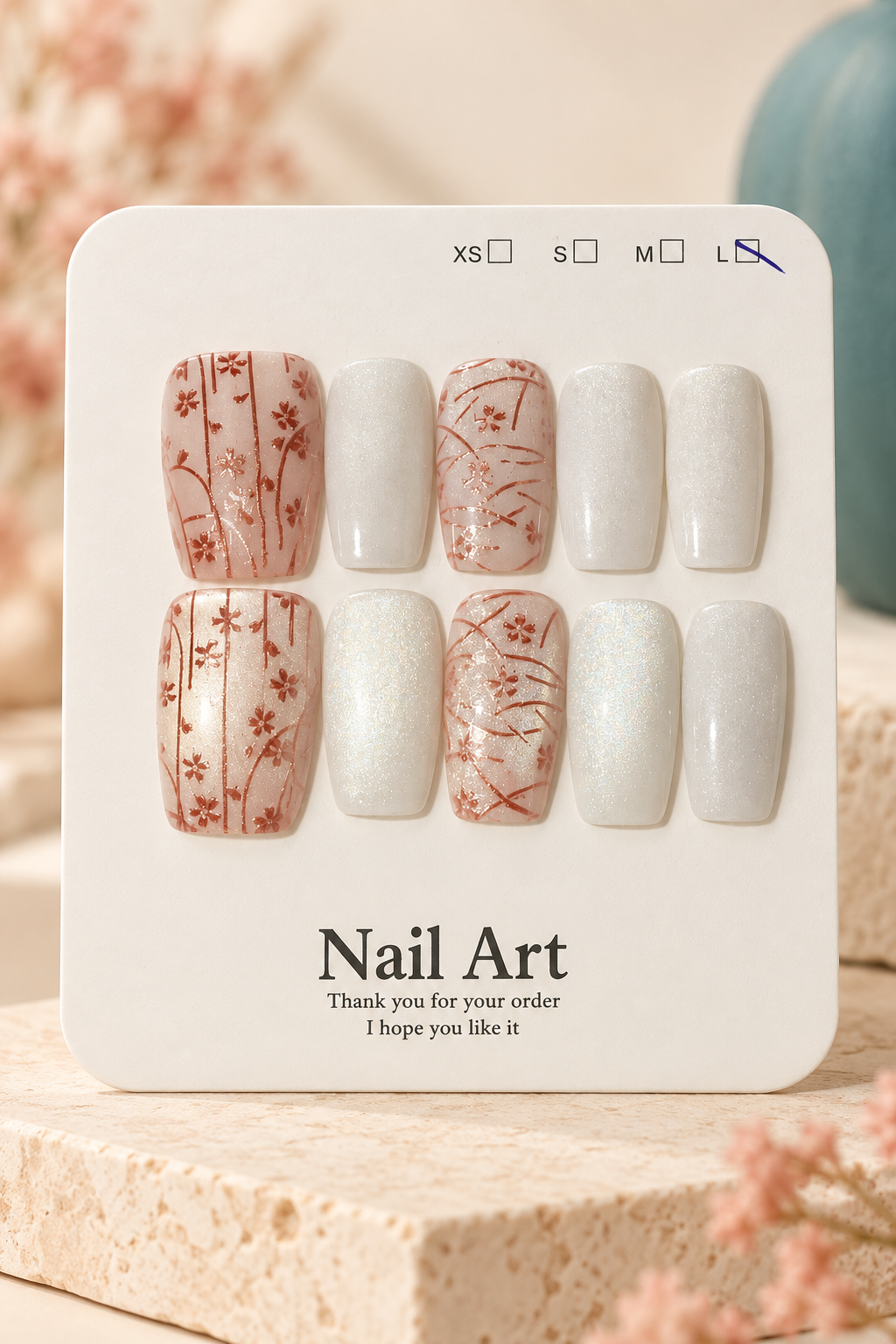 Ivory Shimmer Rose Gold Botanical Press-On / Glue-On Nails – Size L
