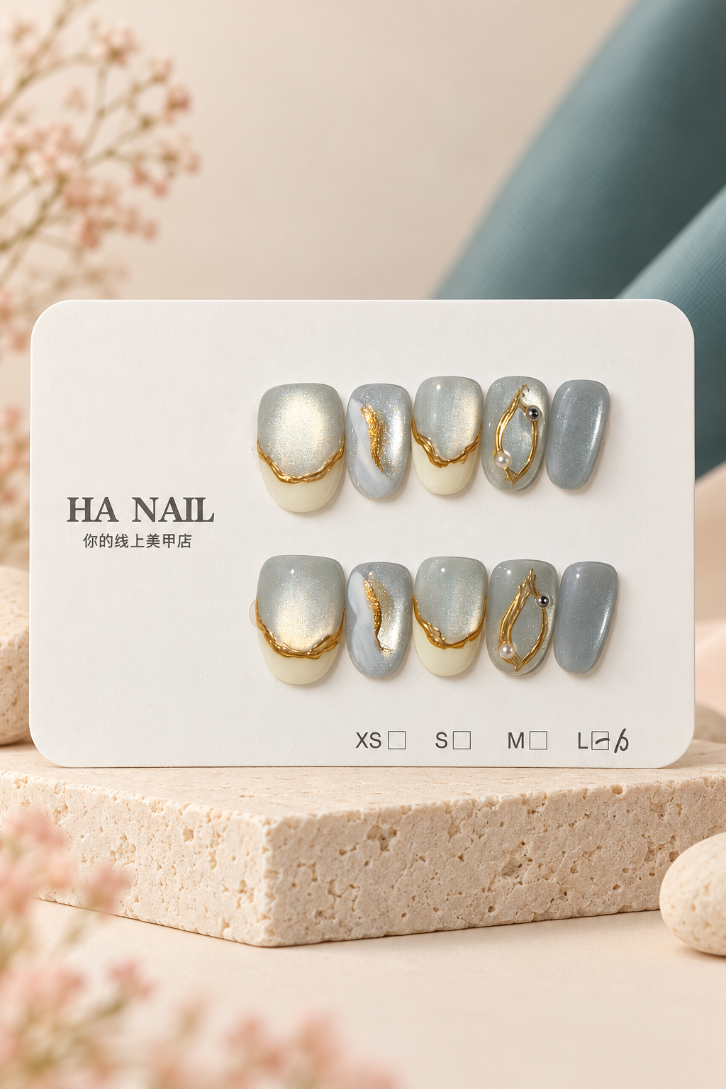 HA NAIL Silver Gold Sculpted Shimmer Press-On / Glue-On Nails – Size L