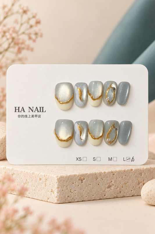 HA NAIL Silver Gold Sculpted Shimmer Press-On / Glue-On Nails – Size L