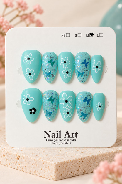 Aqua Floral Butterfly Glitter Press-On / Glue-On Nails – Size M