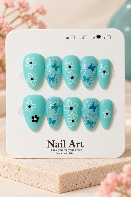 Aqua Floral Butterfly Glitter Press-On / Glue-On Nails – Size M