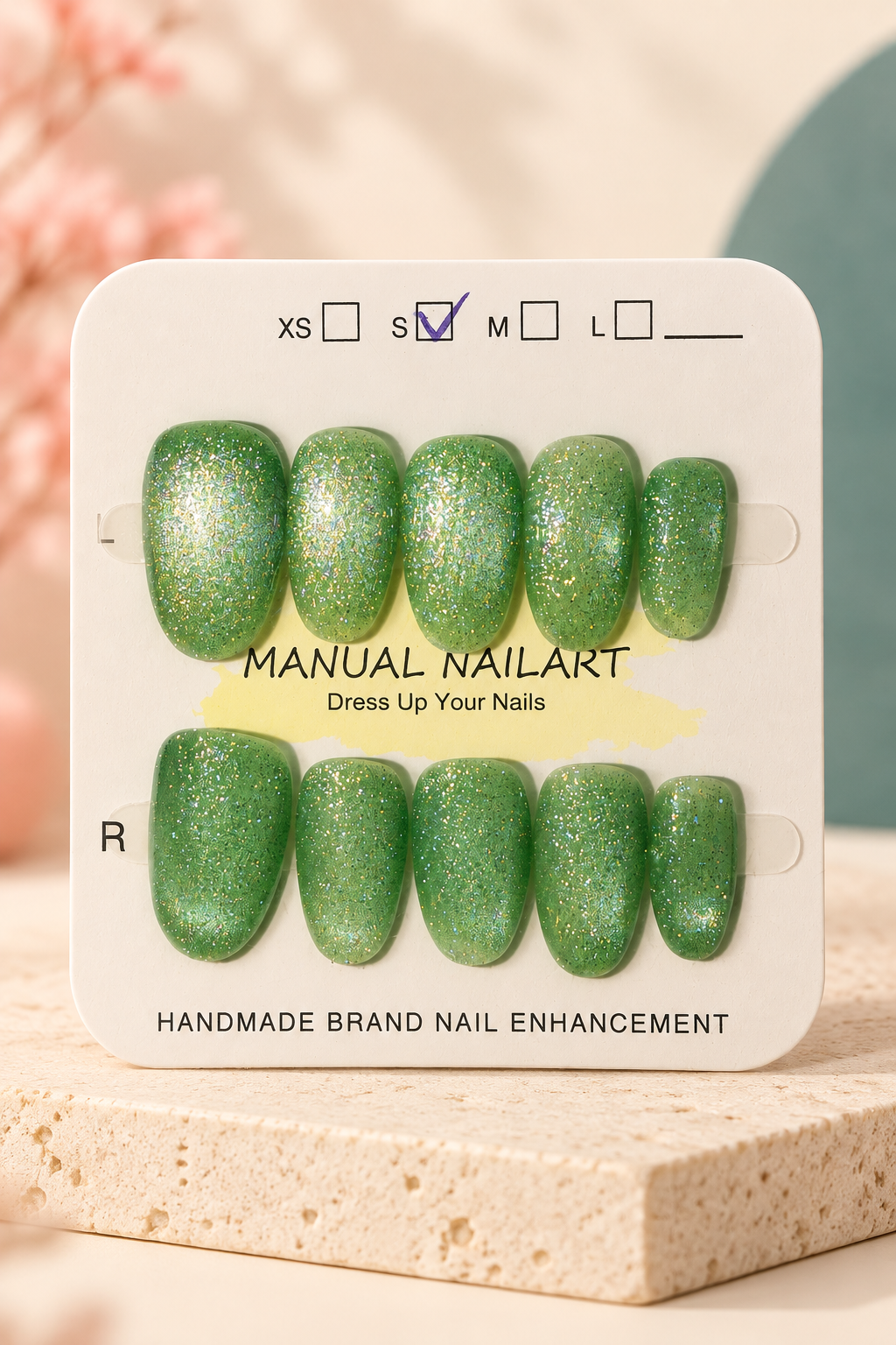 Green Gold Glitter Press-On / Glue-On Nails – Size S