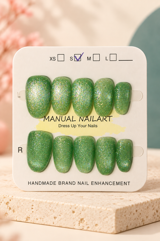 Green Gold Glitter Press-On / Glue-On Nails – Size S