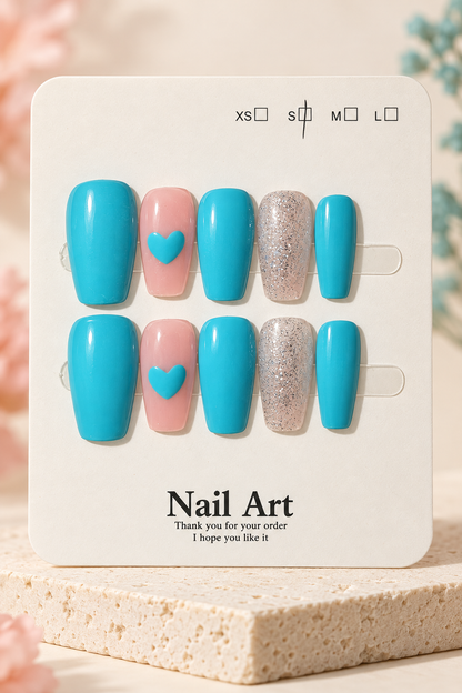 Turquoise Pink Heart Silver Glitter Press-On / Glue-On Nails – Size S