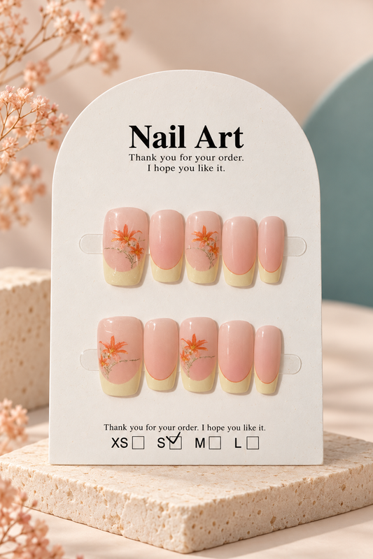 Blush Yellow French Orange Floral Press-On / Glue-On Nails – Size S