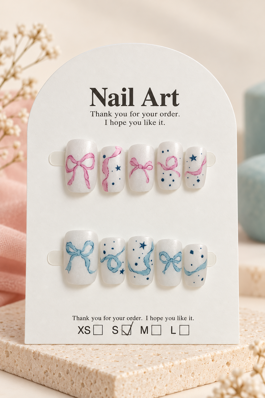 Pink Blue Bow Star Press-On / Glue-On Nails – Size S