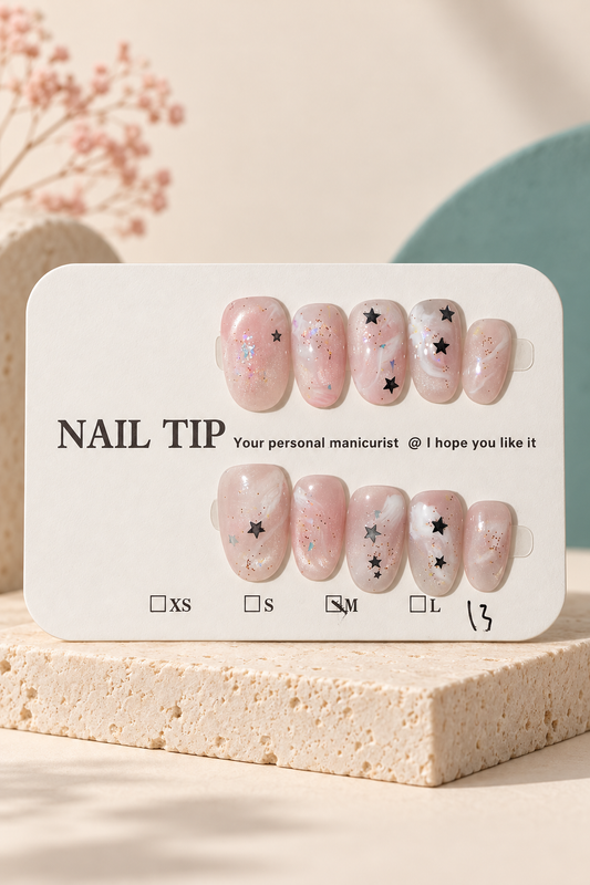Pink White Marble Star Glitter Press-On / Glue-On Nails – Size M