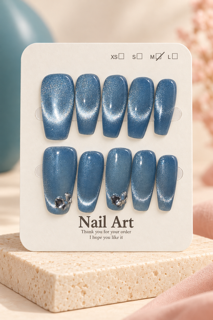Dusty Blue Cat-Eye Bow Jewel Press-On / Glue-On Nails – Size M