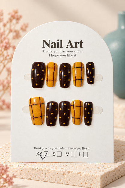 Mustard Brown Plaid Polka Dot Press-On / Glue-On Nails – Size XS