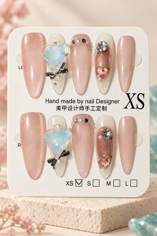 Blush Opal Heart Bow Jewel Press-On / Glue-On Nails – Size XS