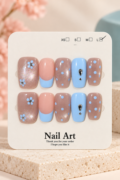 Blush Blue Floral Polka Dot Press-On / Glue-On Nails – Size L