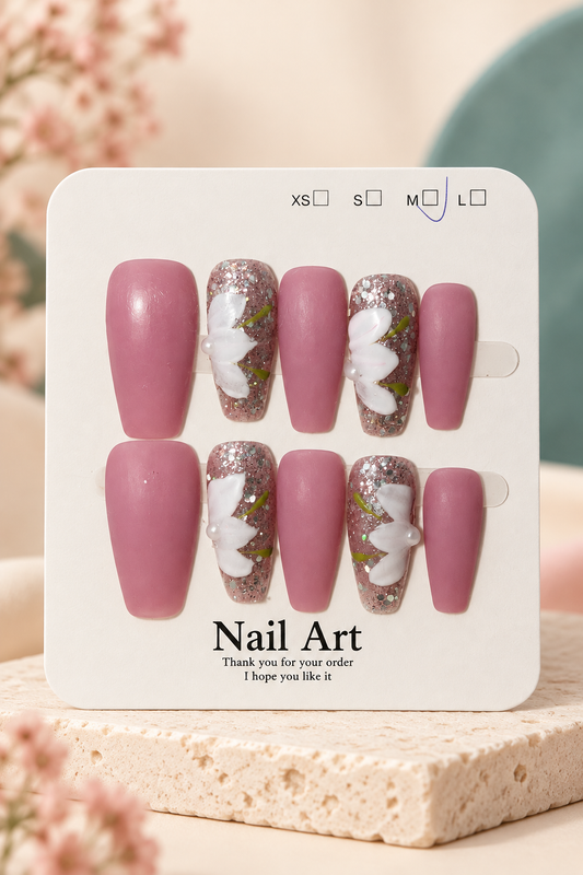 Mauve White Floral Glitter Press-On / Glue-On Nails – Size M
