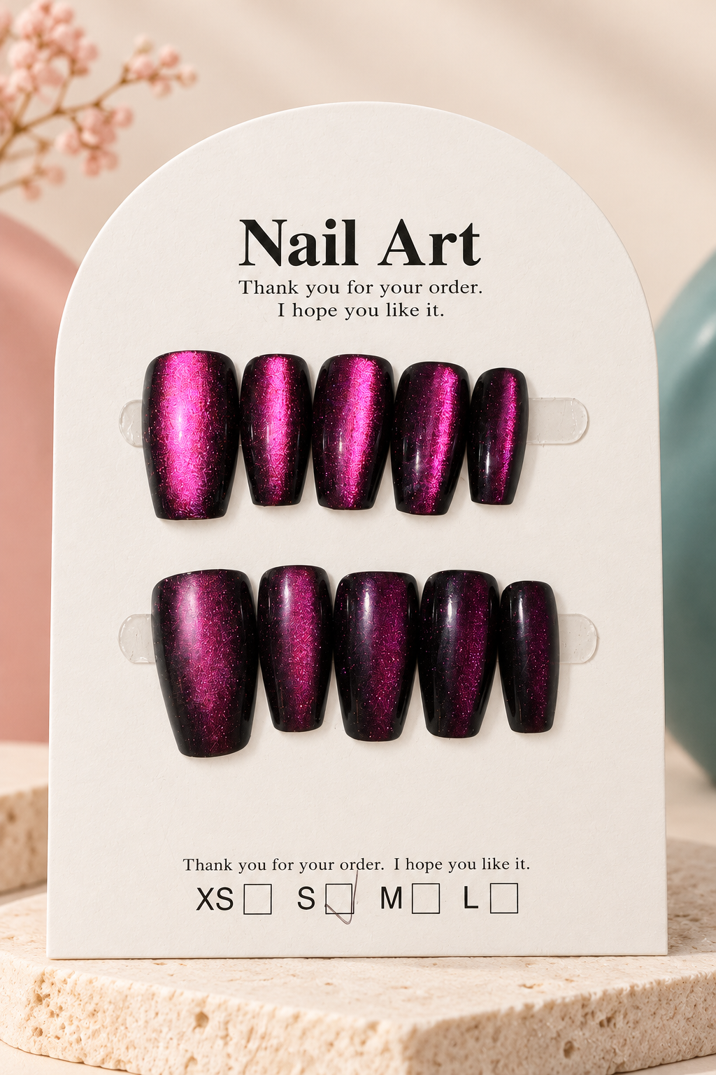 Black Fuchsia Cat-Eye Press-On / Glue-On Nails – Size S