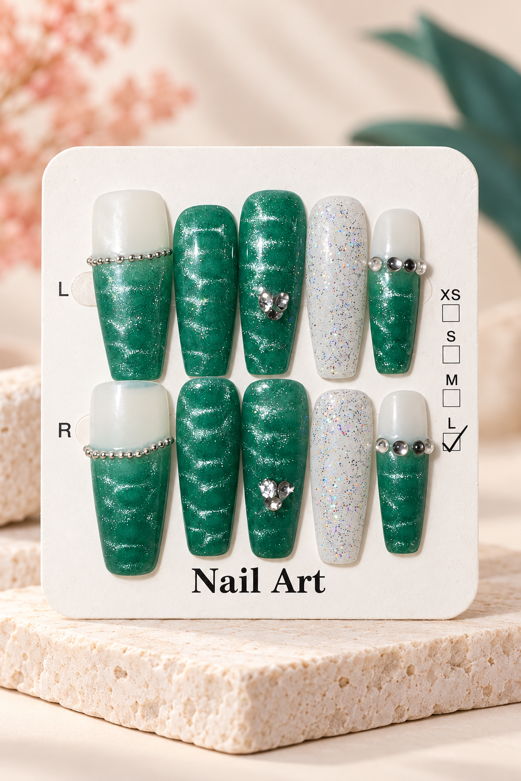 Emerald White French Jewel Shimmer Press-On / Glue-On Nails – Size L