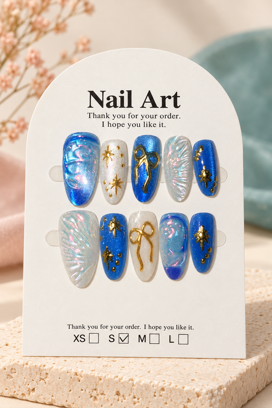 Blue Opal Gold Bow Star Press-On / Glue-On Nails – Size S