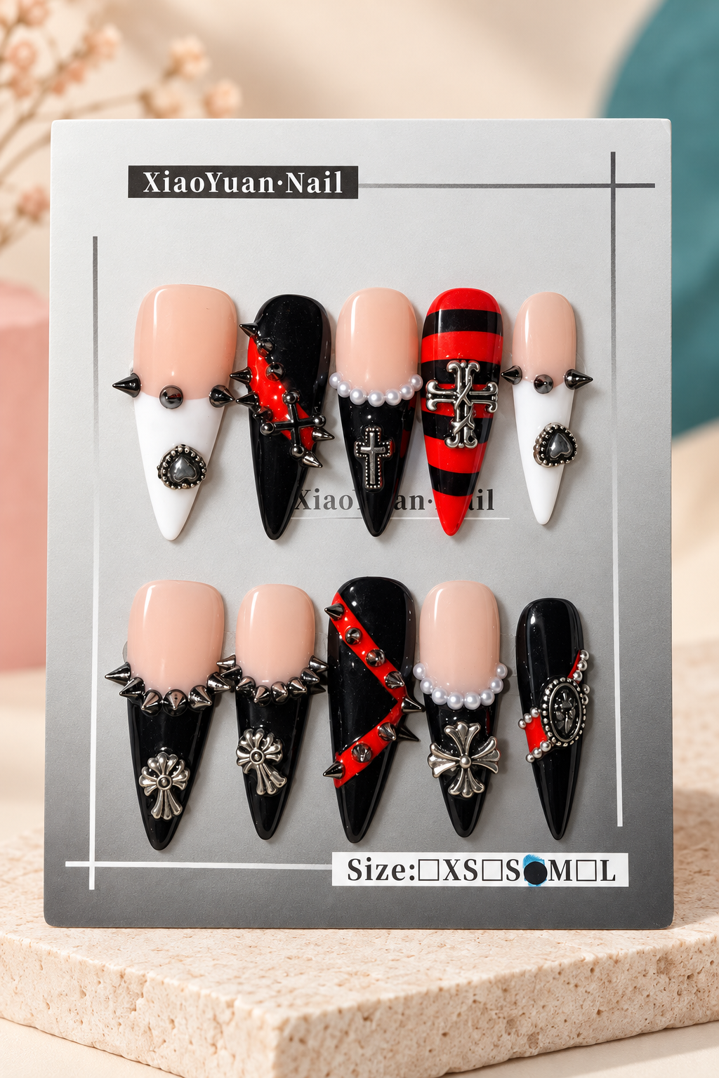 XiaoYuan Black Red White Gothic Charm Press-On / Glue-On Nails – Size M