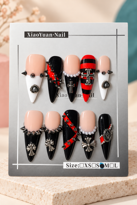 XiaoYuan Black Red White Gothic Charm Press-On / Glue-On Nails – Size M