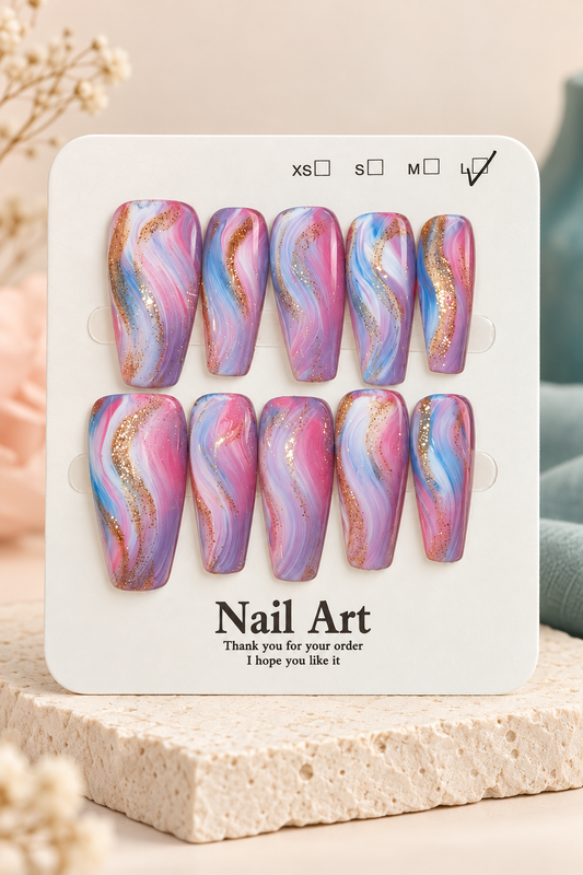 Pink Blue Lavender Gold Marble Press-On / Glue-On Nails – Size L