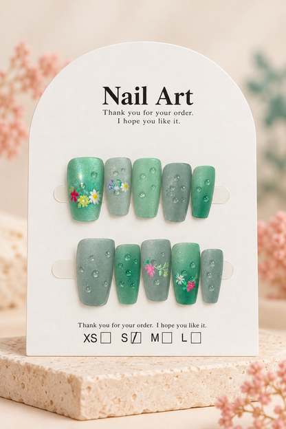 Mint Floral Dewdrop Shimmer Press-On / Glue-On Nails – Size S