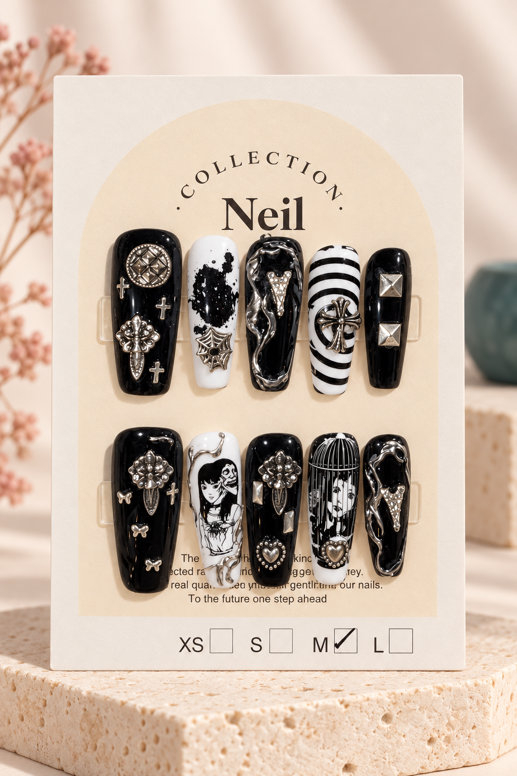 Black White Gothic Illustration Charm Press-On / Glue-On Nails – Size M