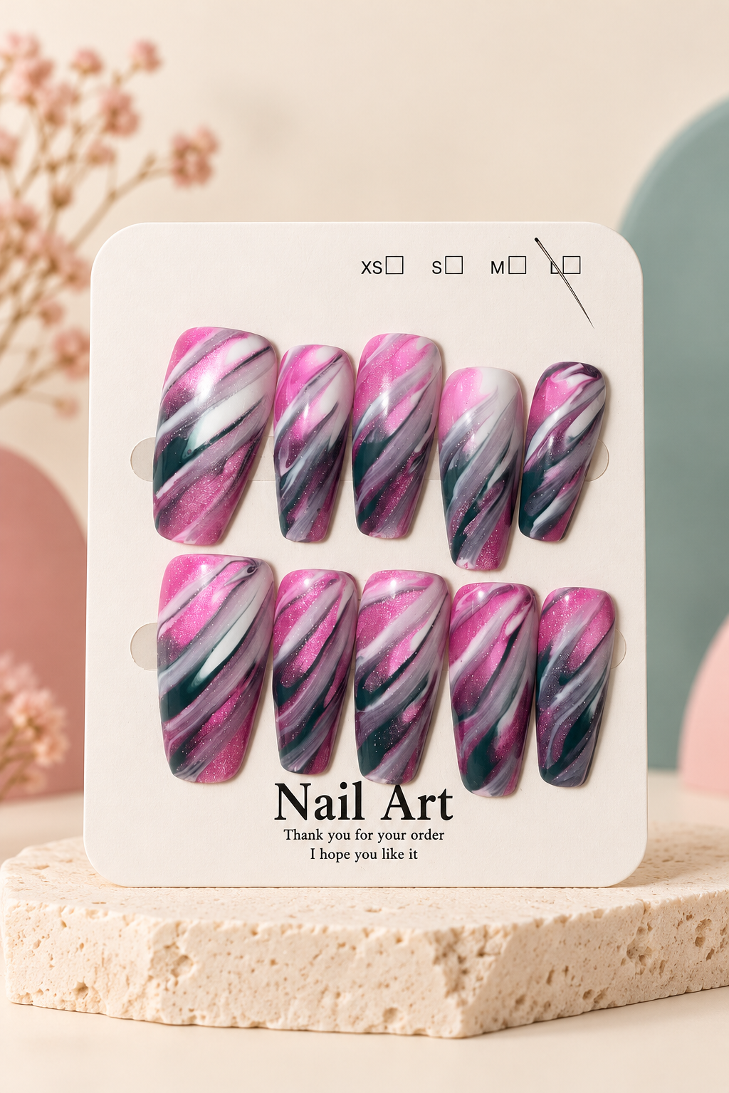 Pink Black White Diagonal Marble Press-On / Glue-On Nails – Size L