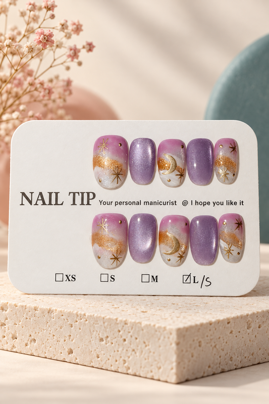 Lavender Gold Celestial Shimmer Press-On / Glue-On Nails – Size L