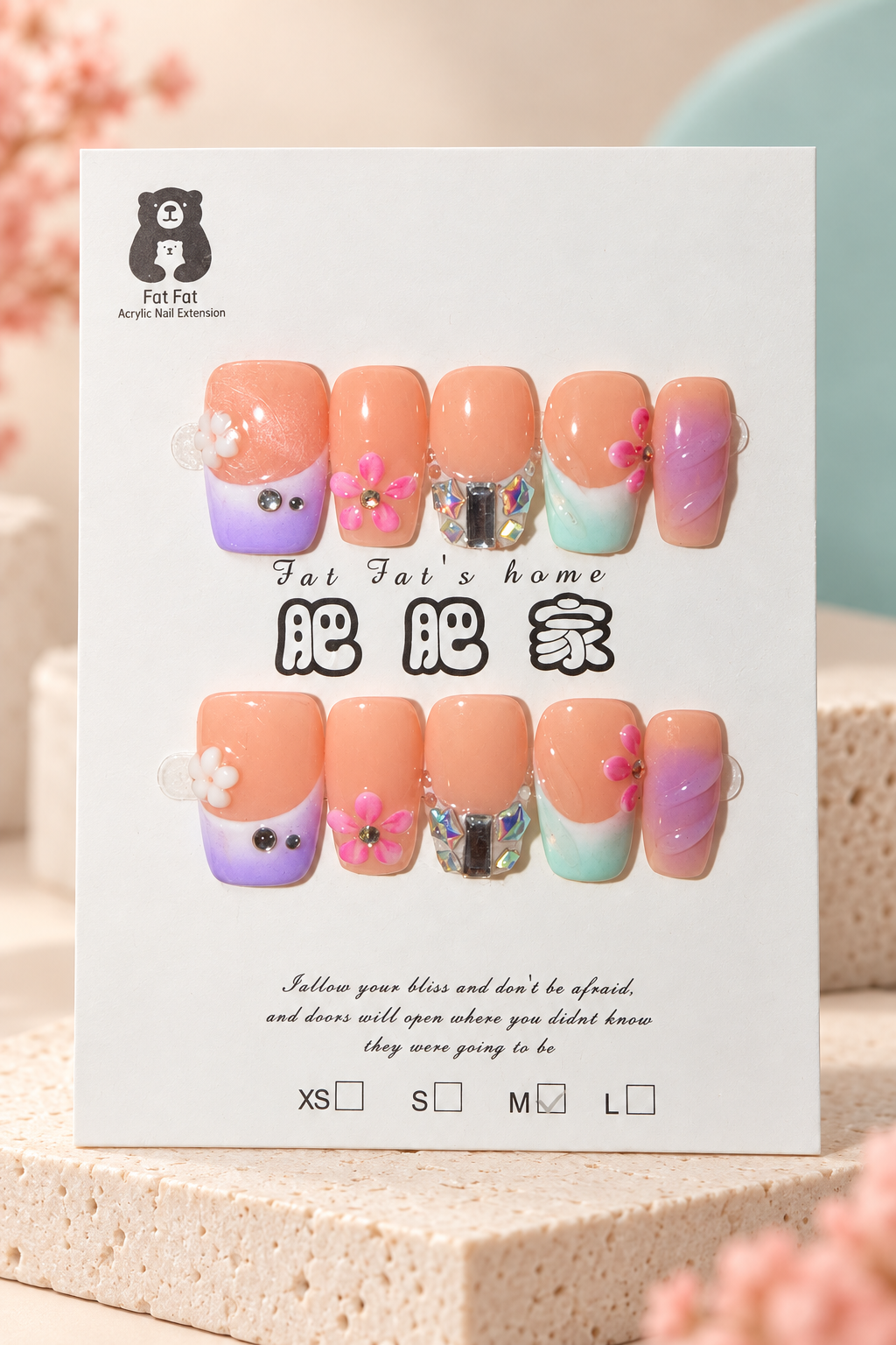 Fat Fat's Home Pastel Floral Jewel Press-On / Glue-On Nails – Size M