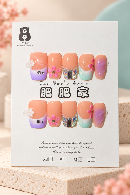 Fat Fat's Home Pastel Floral Jewel Press-On / Glue-On Nails – Size M