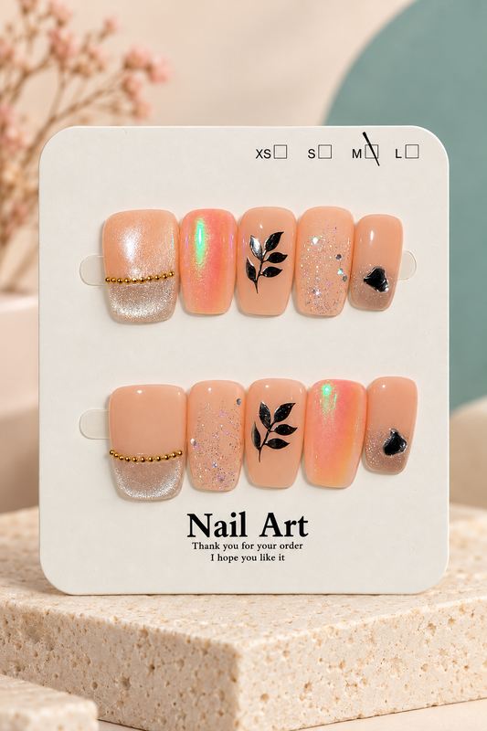 Peach Black Leaf Heart Shimmer Press-On / Glue-On Nails – Size M