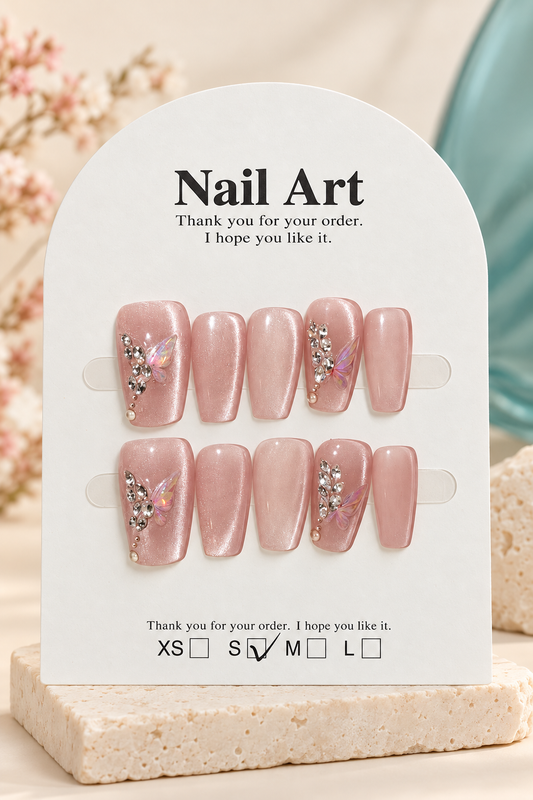 Blush Butterfly Rhinestone Shimmer Press-On / Glue-On Nails – Size S
