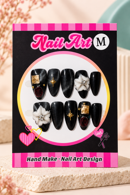 Black Cat-Eye White Floral Gold Jewel Press-On / Glue-On Nails – Size M