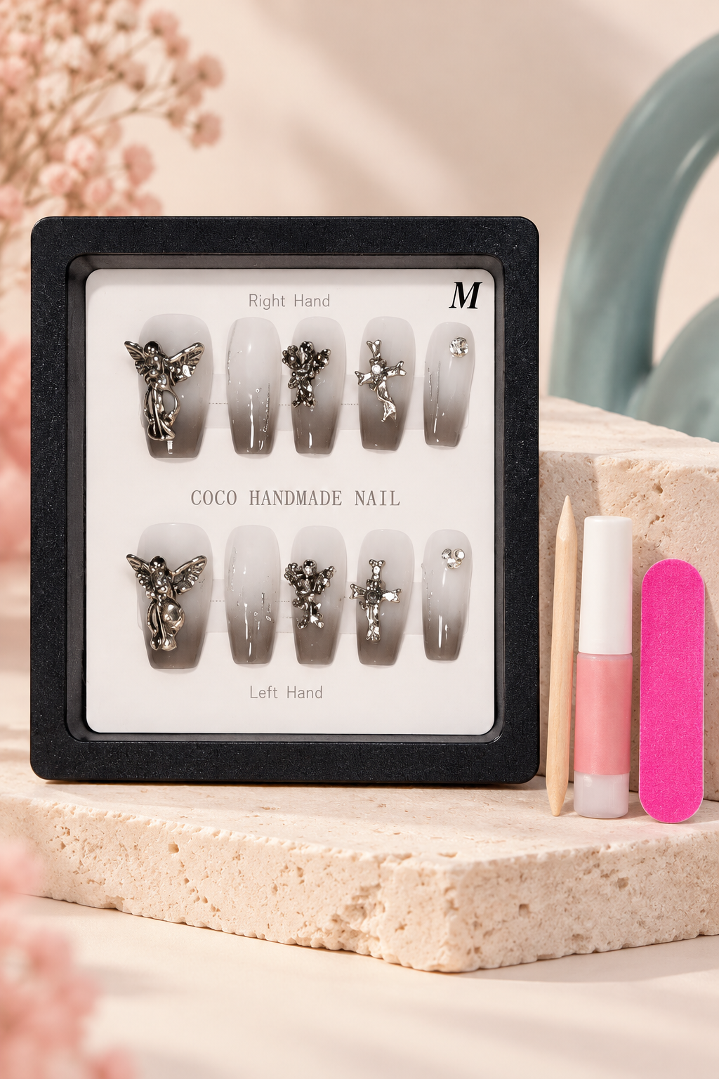 COCO Gray Ombré Cherub Cross Charm Nail Kit Press-On / Glue-On Nails – Size M