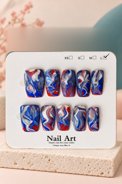 Red Blue White Silver Marble Press-On / Glue-On Nails – Size L