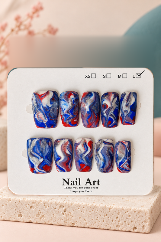 Red Blue White Silver Marble Press-On / Glue-On Nails – Size L